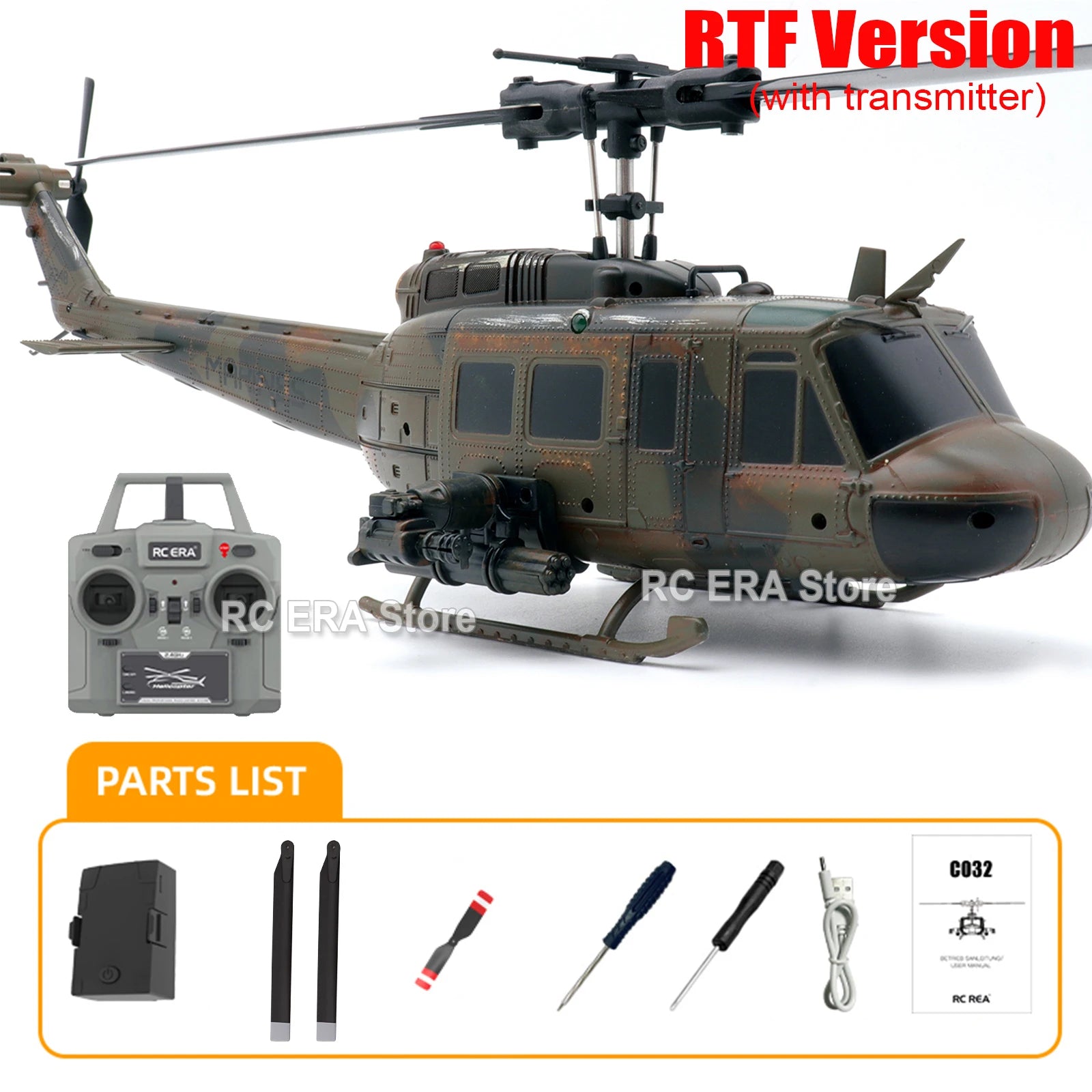 RC ERA Camouflage Weathered C032 UH1 Huey RC Helicopter 2.4G Gyro Optical Flow TOF Stabilized Remote Control Toys For Adult - with remote control image