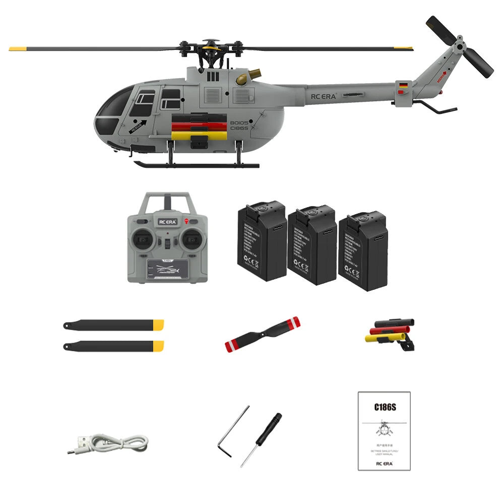 RC ERA C186S BO-105 2.4G 4CH 6-Axis Gyro 1:48 Scale Optical Flow Localization Altitude Hold Brushless Motor Flybarless RC Helicopter RTF