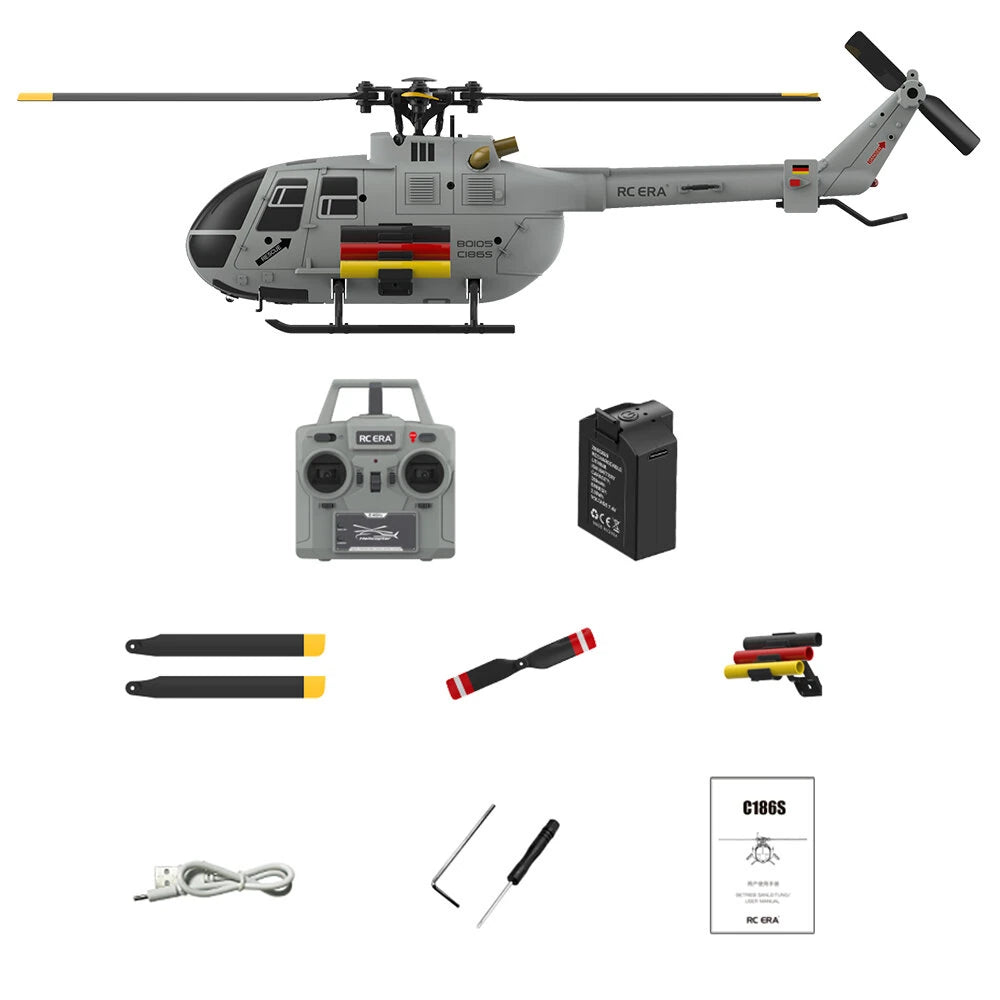 RC ERA C186S BO-105 2.4G 4CH 6-Axis Gyro 1:48 Scale Optical Flow Localization Altitude Hold Brushless Motor Flybarless RC Helicopter RTF