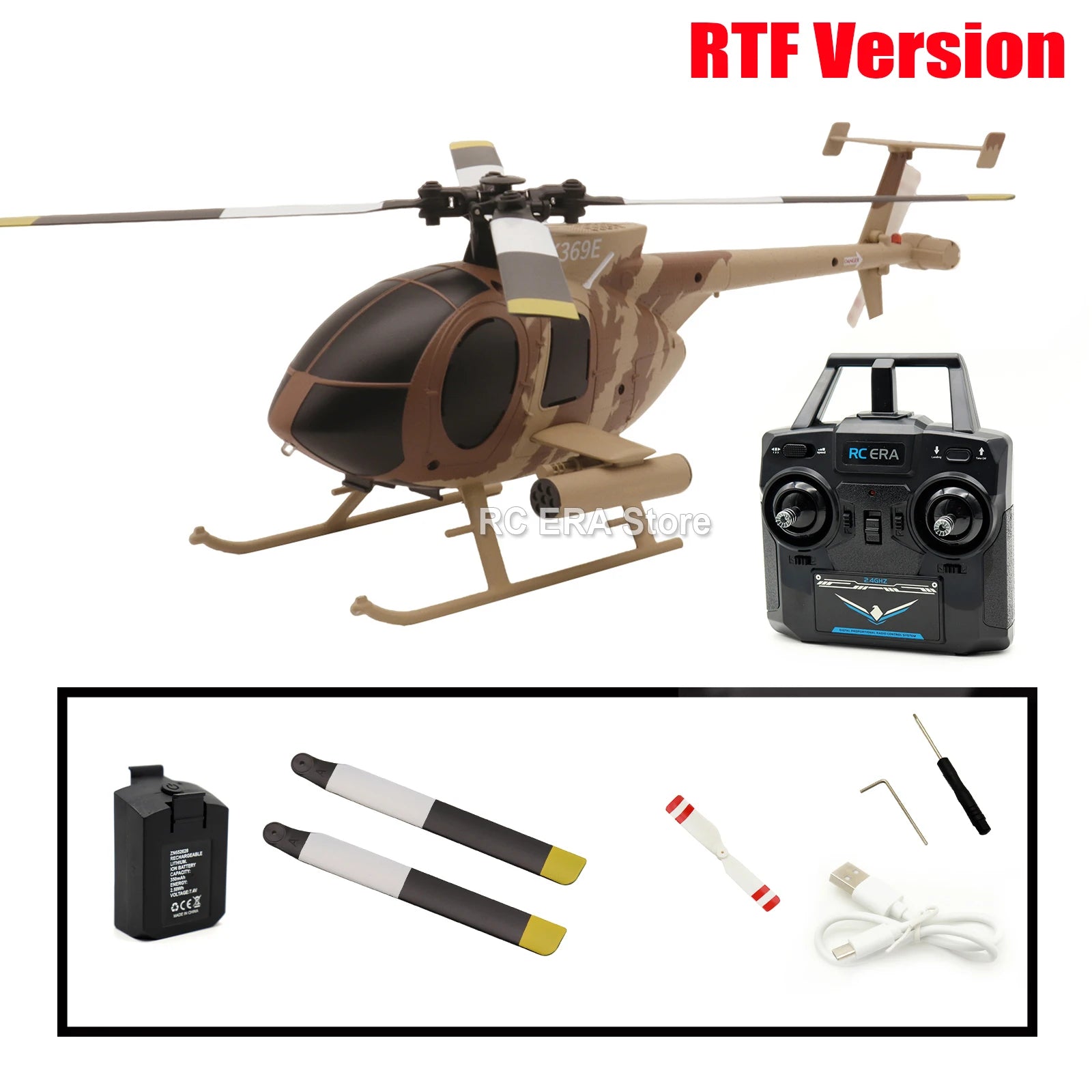 RC ERA C184 MD500 Scale 4CH Flybarless Optical Flow Gyro Stabilized RC Helicopter Remote Control Toys - Sand Yellow Livery - with transmitter image